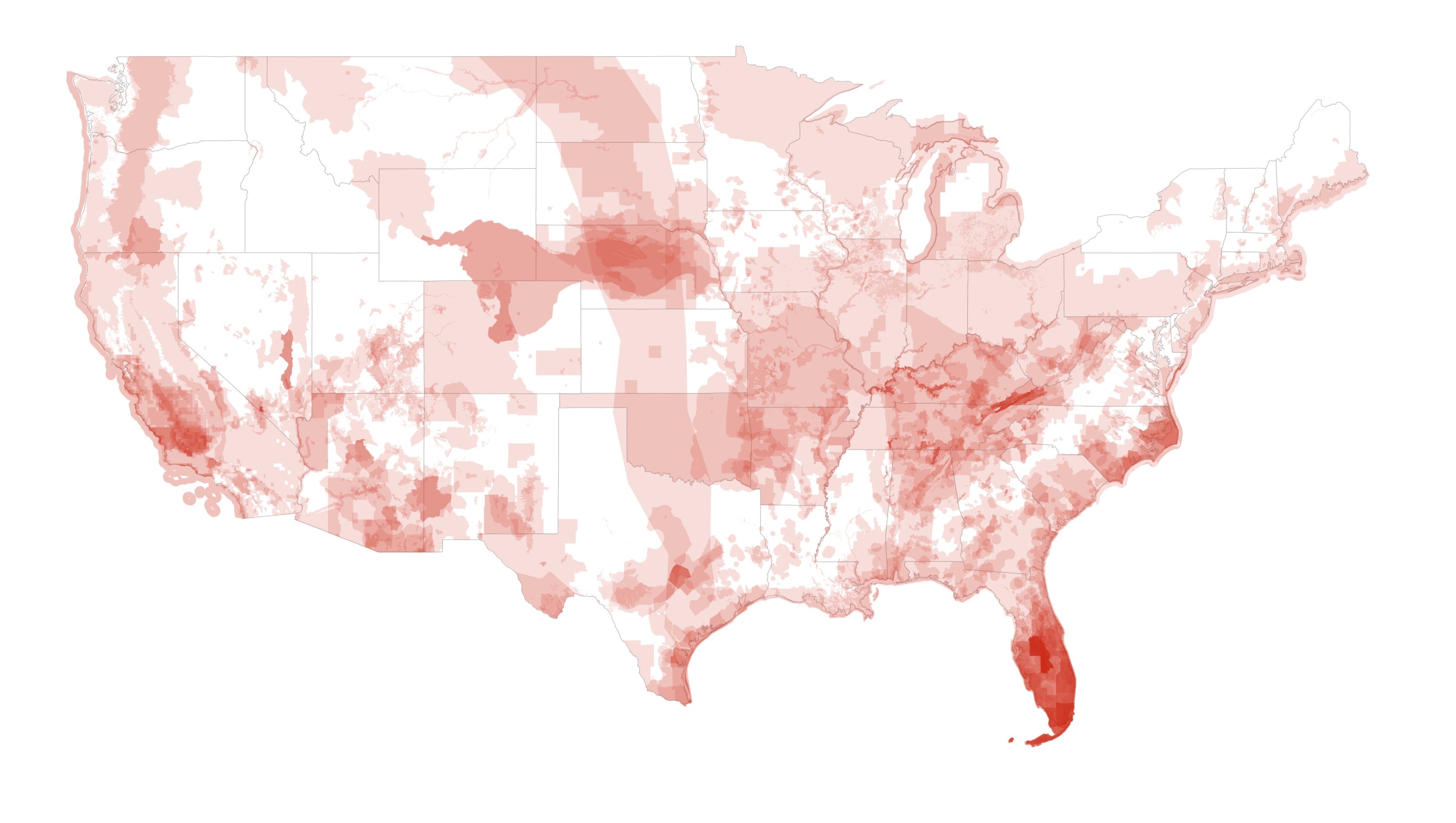Map of cumulative listed-species habitats in 1990