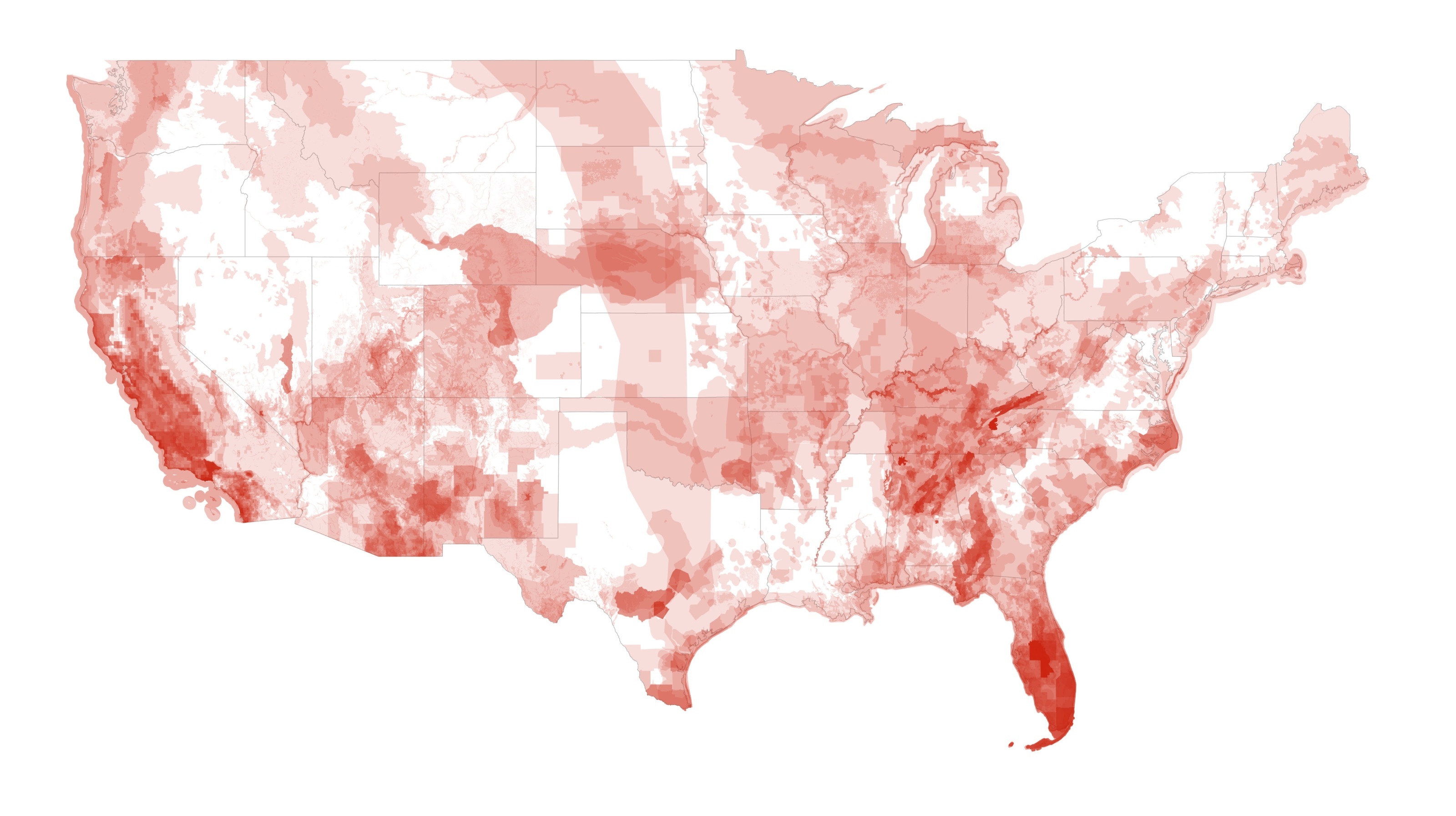 Map of cumulative listed-species habitats in 2010